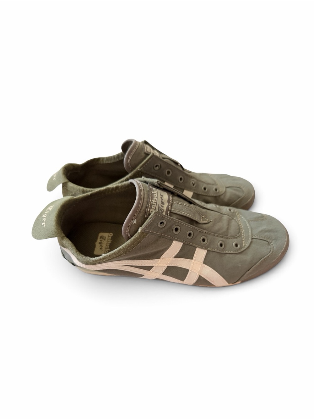 Onitsuka Tiger by Asics Olive Green Sneakers with Off White Stripes. Size 39.5